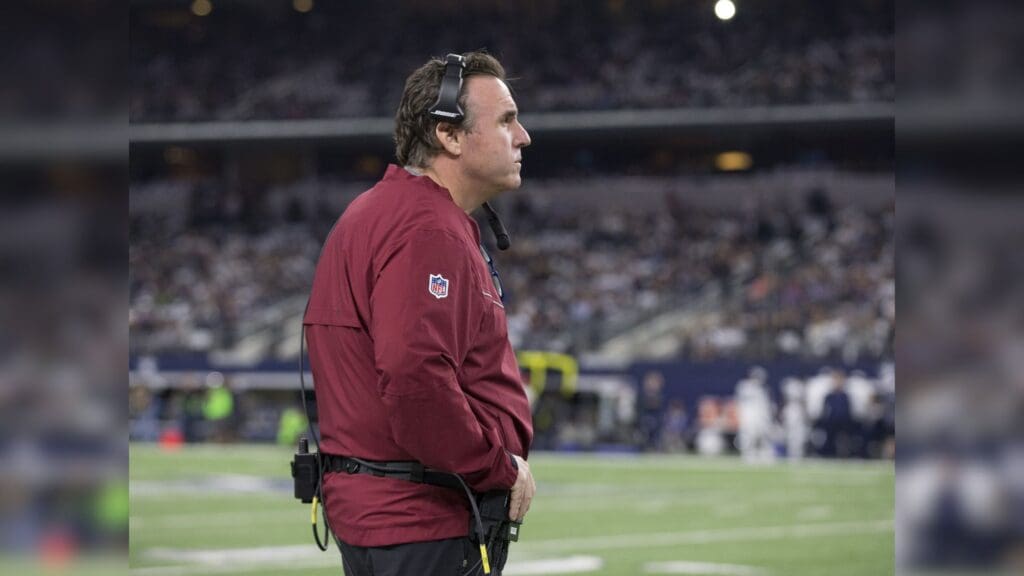 Nov 30, 2017; Arlington, TX, USA; Washington Redskins defensive line coach Jim Tomsula on the sidelines prior to the game against the Dallas Cowboys at AT&T Stadium.