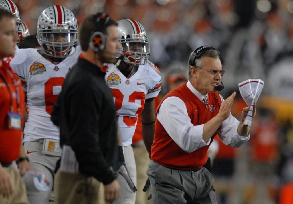 Jan 8, 2007; Glendale, AZ, USA; Ohio State head coach Jim Tressel against the Florida Gators during the BCS National Championship game at the University of Phoenix Stadium. Florida defeated Ohio State 41-14.