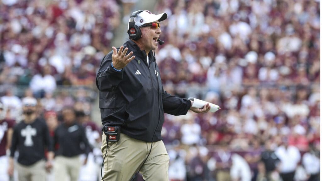 Oct 7, 2023; College Station, Texas, USA; Texas A&M Aggies head coach Jimbo Fisher reacts after a play during the fourth quarter against the Alabama Crimson Tide at Kyle Field.