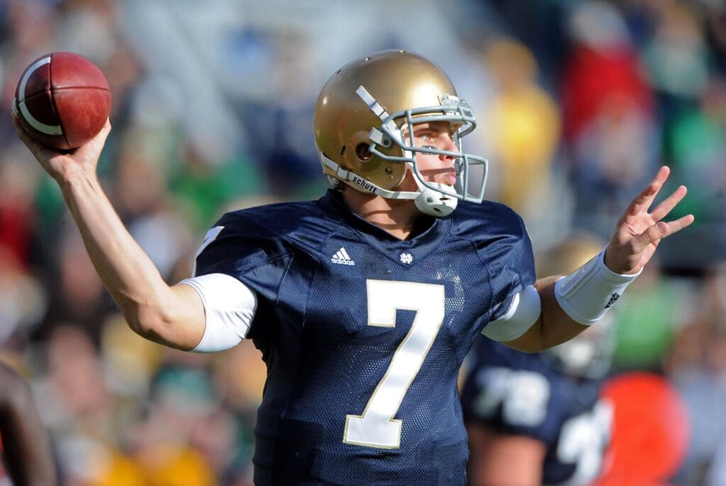 Oct 17, 2009; South Bend, IN, USA; Notre Dame quarteback Jimmy Clausen (7) throws a pass during the game against the Southern California Trojans at Notre Dam Stadium.