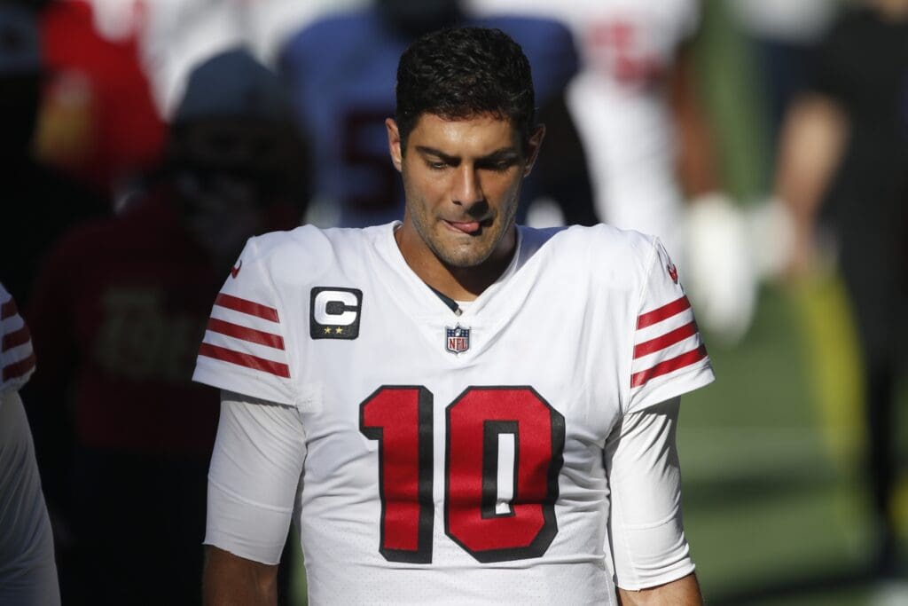 Nov 1, 2020; Seattle, Washington, USA; San Francisco 49ers quarterback Jimmy Garoppolo (10) returns to the locker room following pregame warmups against the Seattle Seahawks at CenturyLink Field.