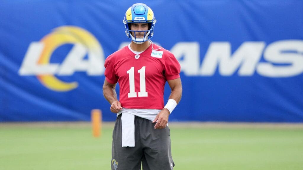 Jun 3, 2025; Woodland Hills, CA, USA; Los Angeles Rams quarterback Jimmy Garoppolo (11) during organized team activities at Rams Practice Facility.