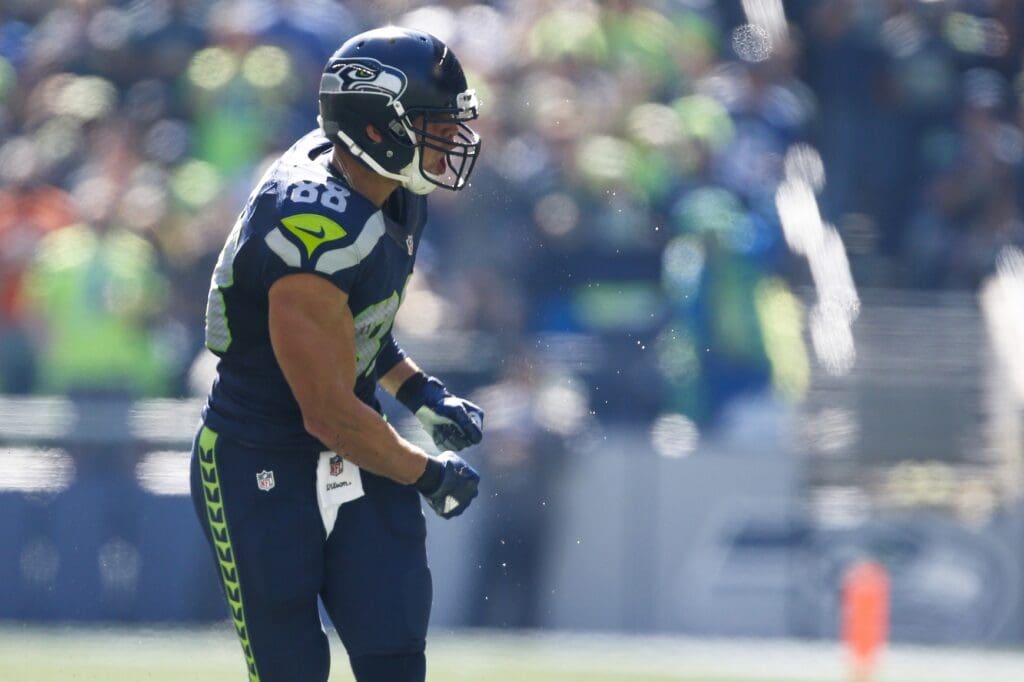 Sep 25, 2016; Seattle, WA, USA; Seattle Seahawks tight end Jimmy Graham (88) reacts after making a catch for a first down against the San Francisco 49ers during the first quarter at CenturyLink Field.