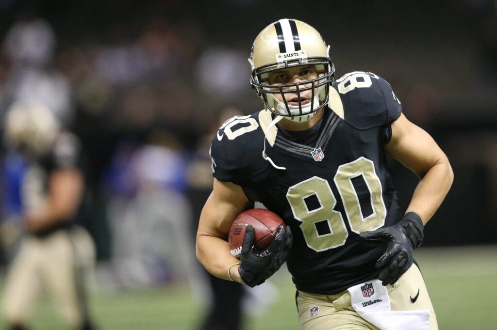 Oct 27, 2013; New Orleans, LA, USA; New Orleans Saints tight end Jimmy Graham (80) warms up prior to kickoff against the Buffalo Bills at the Mercedes-Benz Superdome
