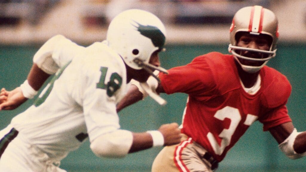 Oct 3, 1971; Philadelphia, PA, USA; FILE PHOTO; San Francisco 49ers defensive back Jimmy Johnson (37) in action against Philadelphia Eagles receiver Ben Hawkins (18) at Veterans Stadium.