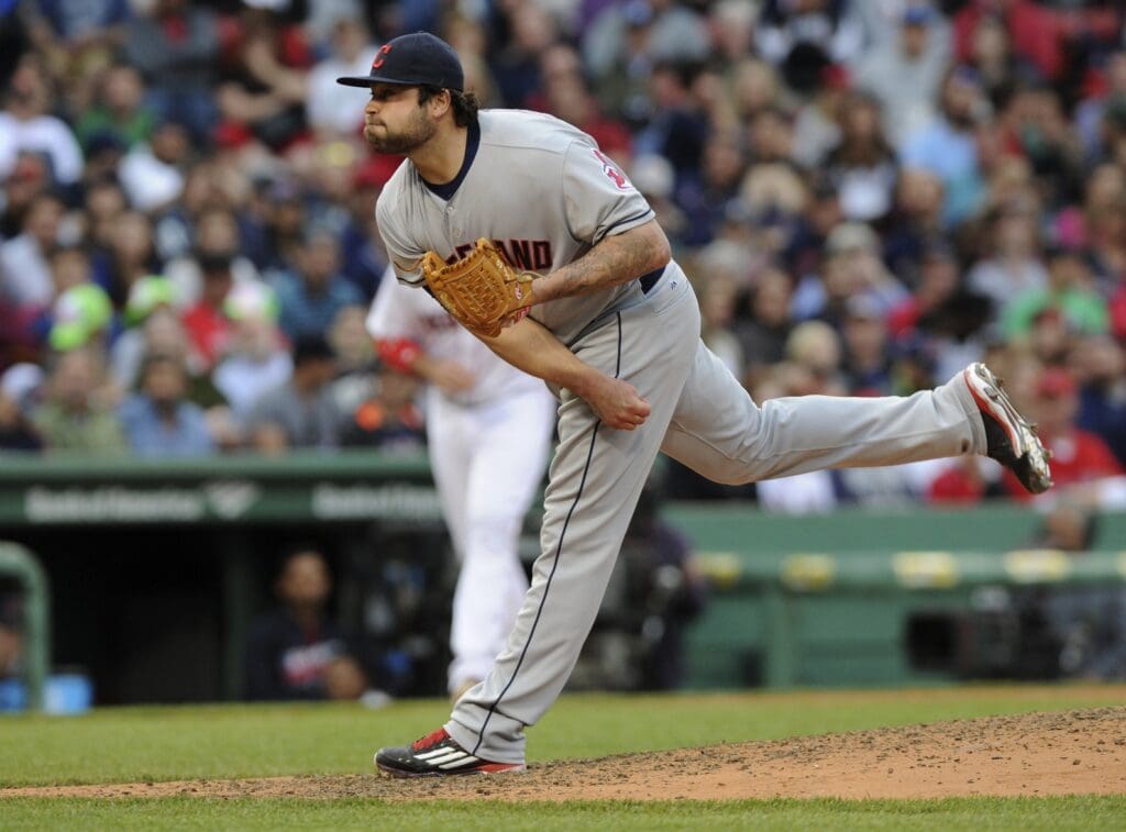 May 21, 2016; Boston, MA, USA; Cleveland Indians relief pitcher Joba Chamberlain (62) pitches during the seventh inning against the Boston Red Sox at Fenway Park.