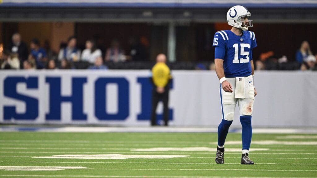 Jan 5, 2025; Indianapolis, Indiana, USA; Indianapolis Colts quarterback Joe Flacco (15) walks off the field during the second half against the Jacksonville Jaguars at Lucas Oil Stadium.