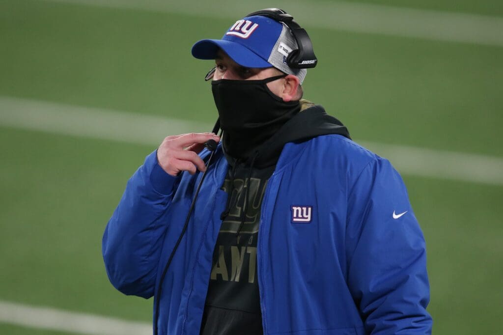 Dec 20, 2020; East Rutherford, New Jersey, USA; New York Giants head coach Joe Judge coaches against the Cleveland Browns during the third quarter at MetLife Stadium.