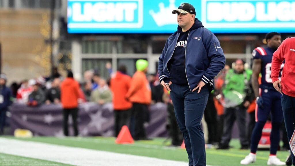 Dec 17, 2023; Foxborough, Massachusetts, USA; New England Patriots assistant head coach Joe Judge watches from the sideline during the first half against the Kansas City Chiefs at Gillette Stadium.
