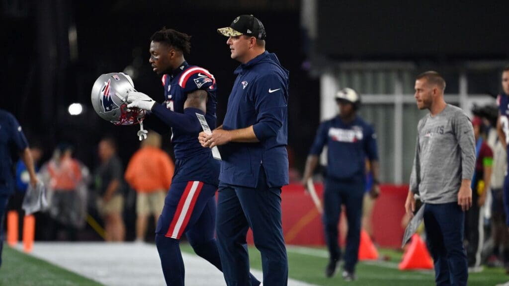 Aug 10, 2023; Foxborough, Massachusetts, USA; New England Patriots assistant head coach Joe Judge works from the sideline during the second half against the Houston Texans at Gillette Stadium.