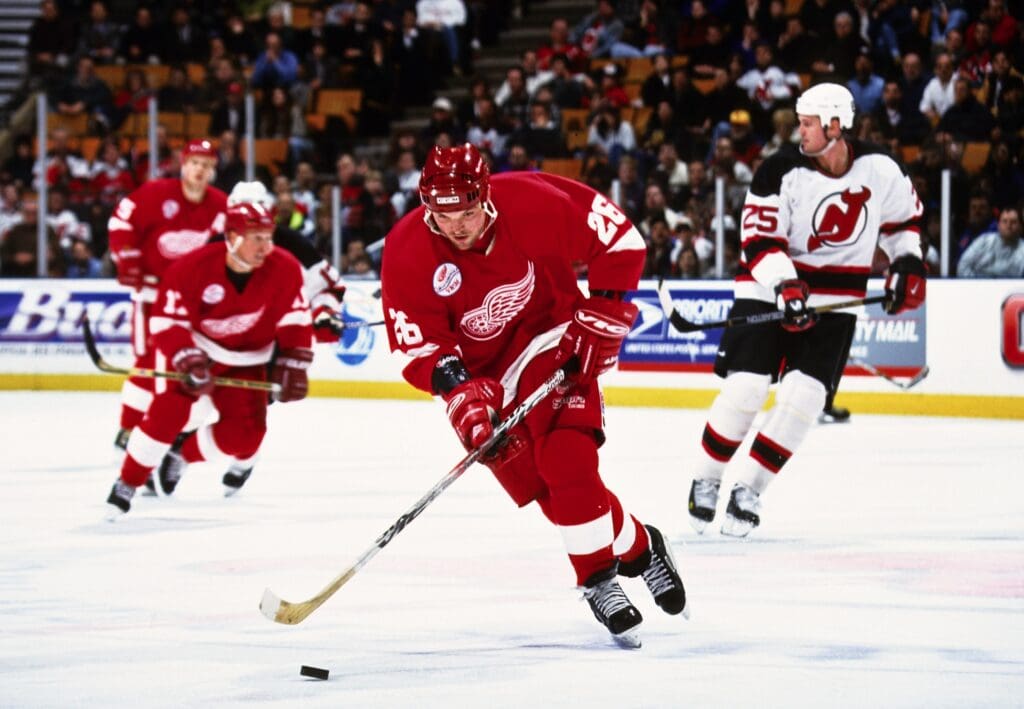 Jan 20, 1998; East Rutherford, NJ, USA; FILE PHOTO; Detroit Red Wings right wing Joe Kocur (26) in action against the New Jersey Devils at Continental Airlines Arena.