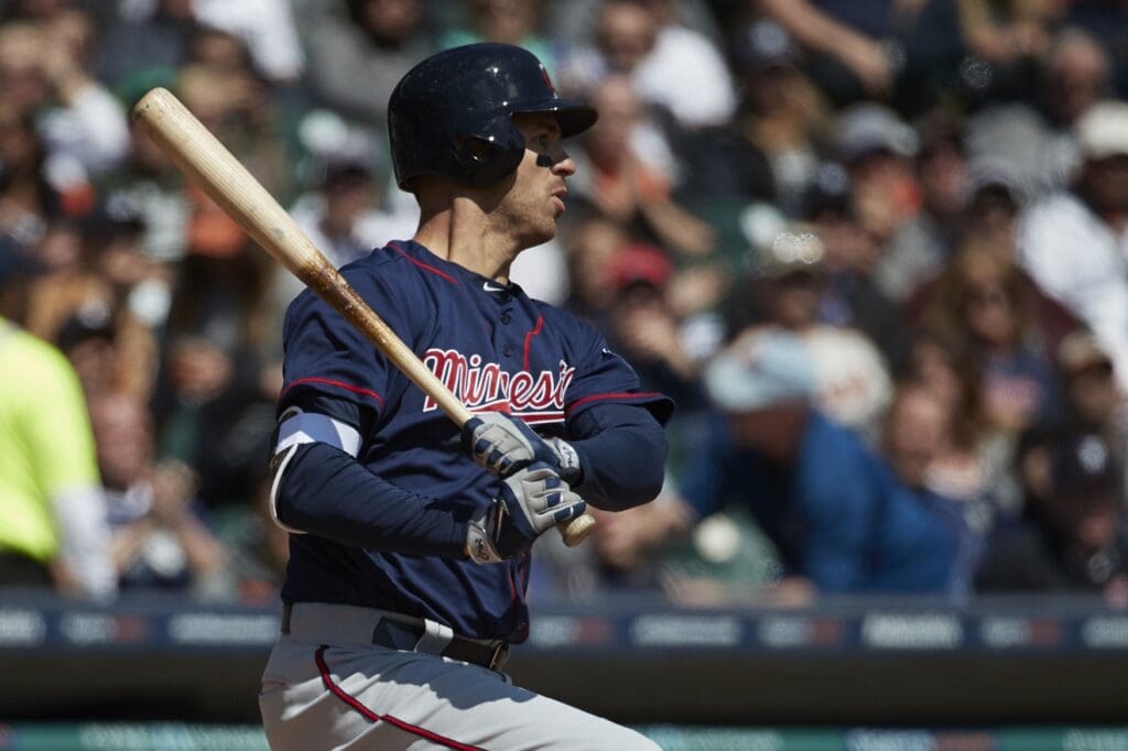 Apr 12, 2017; Detroit, MI, USA; Minnesota Twins first baseman Joe Mauer (7) two RBI single in the third inning against the Detroit Tigers at Comerica Park.