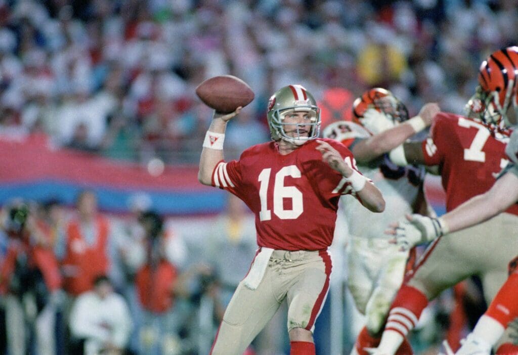 Jan 22, 1989; Miami, FL, USA; Joe Montana of the San Francisco 49ers in action against the Cincinnati Bengals during Super Bowl XXIII at Joe Robbie Stadium. The 49ers won the game 20-16.