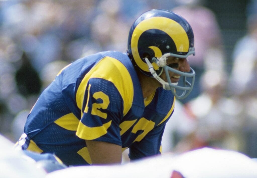 Sep 18, 1977; Atlanta, GA, USA; FILE PHOTO; Los Angeles Rams quarterback Joe Namath (12) in action against the Atlanta Falcons at Fulton County Stadium. The Falcons defeated the Rams 17-6