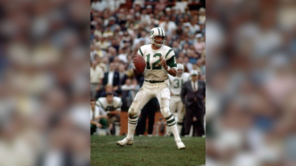 Jan 12, 1969; Miami ,FL, USA; FILE PHOTO; New York Jets quarterback (12) JOE NAMATH in action during Super Bowl III against the Baltimore Colts at the Orange Bowl. The Jets defeated the Colts 16-7 giving the AFL their first Championship over the NFL. Namath was named the games most valuable player going 17-28 for 206 yards.
