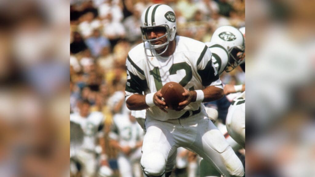 Oct 4, 1970; Buffalo, NY, USA: FILE PHOTO; New York Jets quarterback Joe Namath (12) in action against the Buffalo Bills at War Memorial Stadium