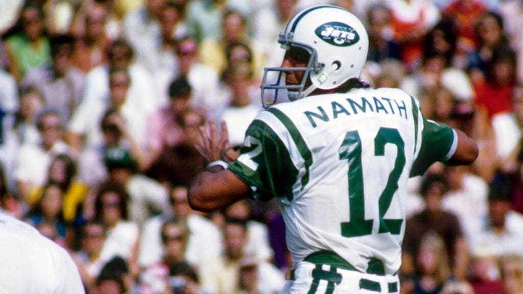 Sep 1972; Unknown location USA; FILE PHOTO; New York Jets quarterback Joe Namath (12) in action during the 1972 pre-season.