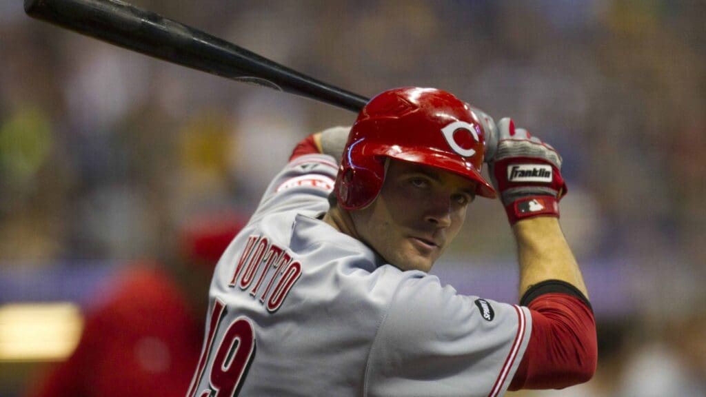 Apr 26, 2011; Milwaukee, WI, USA; Cincinnati Reds first baseman Joey Votto (19) warms up for an at bat during the game against the Milwaukee Brewers at Miller Park. The Brewers defeated the Reds 3-2.