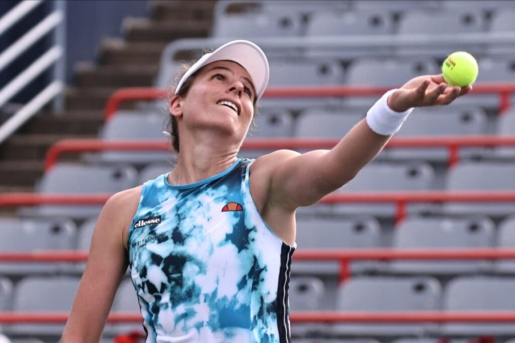Aug 11, 2021; Montreal, Quebec, Canada; Johanna Konta from Great Britain serves against Elina Svitolina from Ukrania (not pictured) during the second round play at Stade IGA.