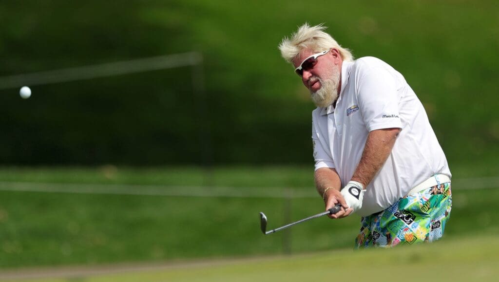 John Daly makes a shot from the rough on No. 11 during the second round of the Bridgestone Senior Players Championship at Firestone Country Club on Friday, June 25, 2021, in Akron, Ohio. Bridger2 Jl 7