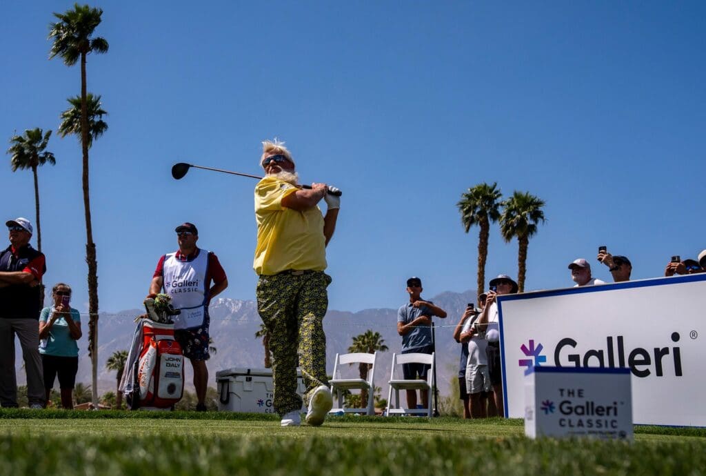 John Daly tees off on nine during the first round of The Galleri Classic at Mission Hills Country Club in Rancho Mirage, Calif., Friday, March 28, 2025.