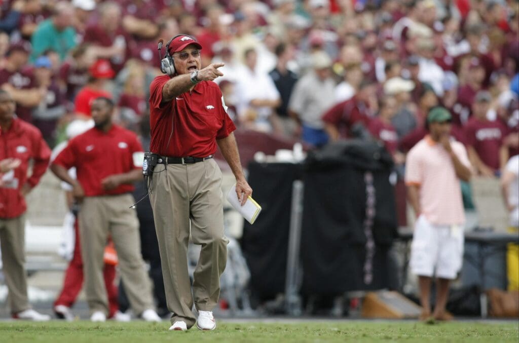Sep 29, 2012; College Station, TX, USA; Arkansas Razorbacks head coach John L. Smith coaches against the Texas A&M Aggies in the second quarter at Kyle Field.