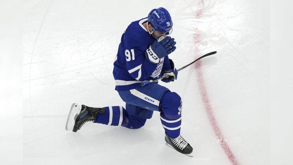 May 18, 2025; Toronto, Ontario, CAN; Toronto Maple Leafs forward John Tavares (91) during warm up before game seven of the second round of the 2025 Stanley Cup Playoffs against the Florida Panthers at Scotiabank Arena.