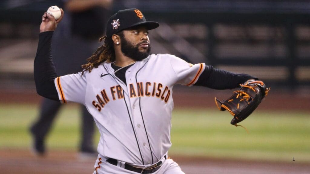 Aug 30, 2020; Phoenix, Arizona, USA; San Francisco Giants pitcher Johnny Cueto against the Arizona Diamondbacks at Chase Field.