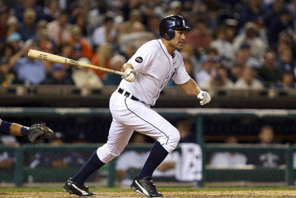 Sep 24, 2010; Detroit, MI, USA; Detroit Tigers designated hitter Johnny Damon (18) bats during the game against the Minnesota Twins at Comerica Park.