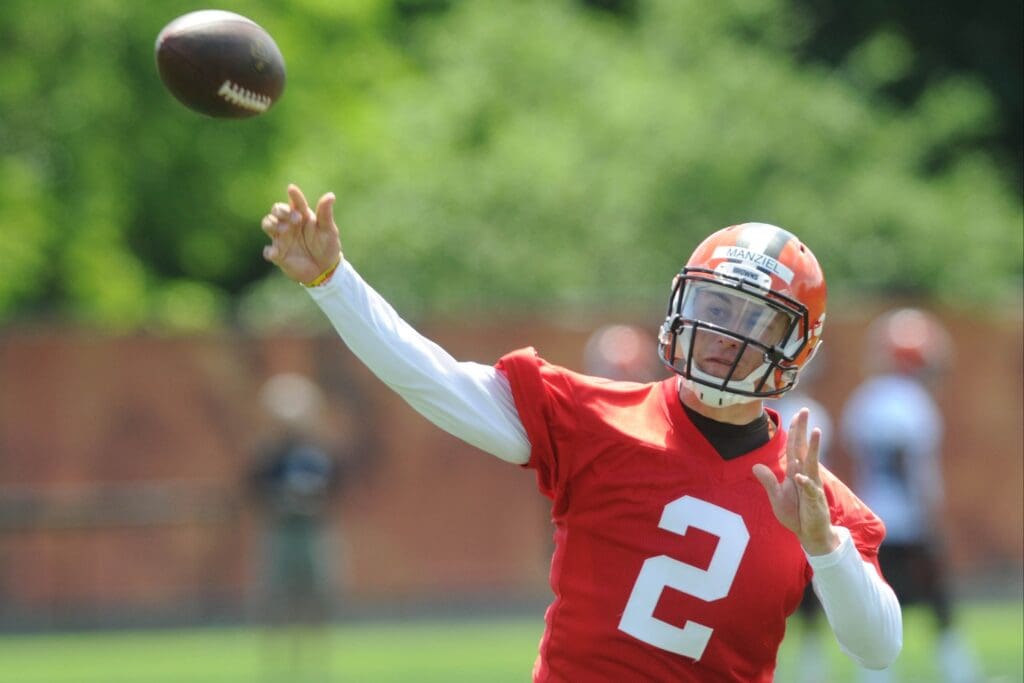 Jun 16, 2015; Berea, OH, USA; Cleveland Browns quarterback Johnny Manziel (2) throws a pass during minicamp at the Cleveland Browns practice facility.