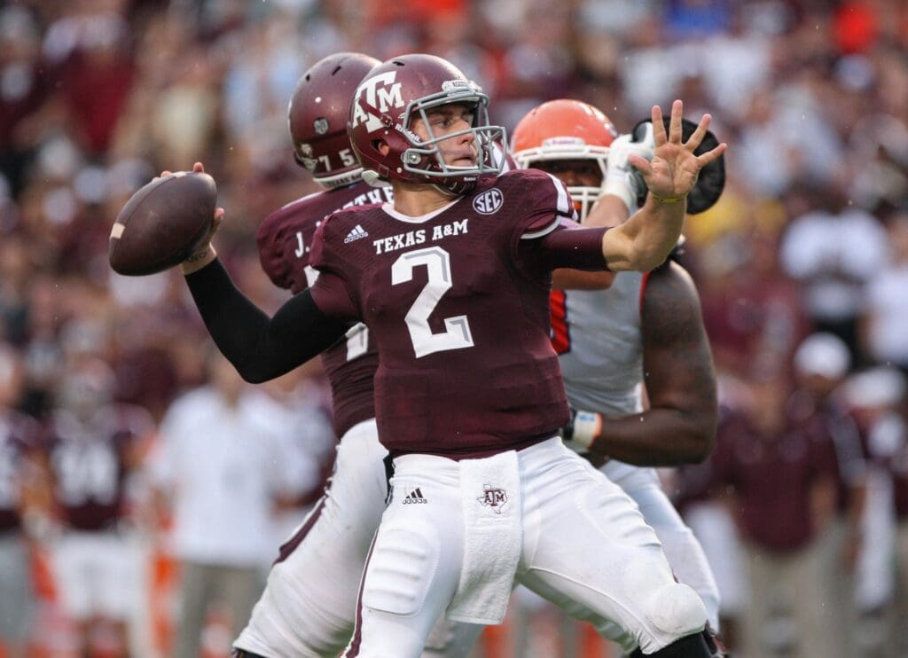 Sep 7, 2013; College Station, TX, USA; Texas A&M Aggies quarterback Johnny Manziel (2) attempts a pass during the second quarter against the Sam Houston State Bearkats at Kyle Field.