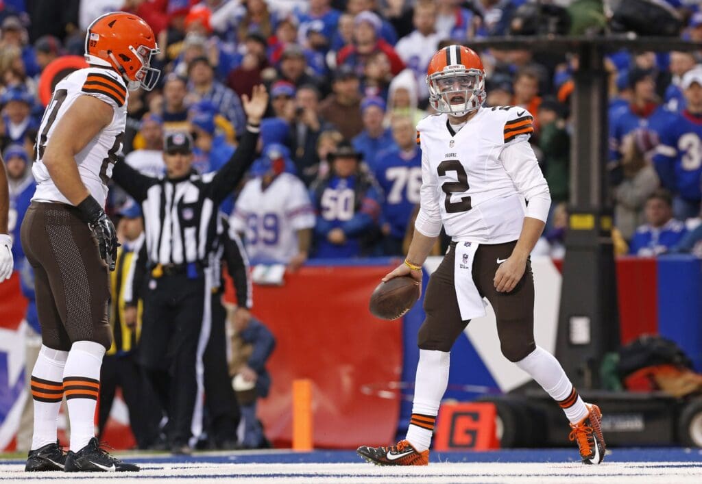 Nov 30, 2014; Orchard Park, NY, USA; Cleveland Browns quarterback Johnny Manziel (2) celebrates after scoring a touchdown against the Buffalo Bills during the second half at Ralph Wilson Stadium.
