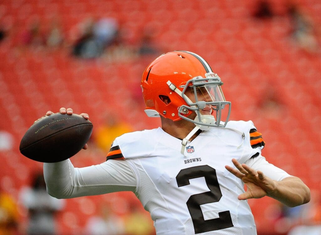 Aug 18, 2014; Landover, MD, USA; Cleveland Browns quarterback Johnny Manziel (2) warms up before the game against the Washington Redskins at FedEx Field.