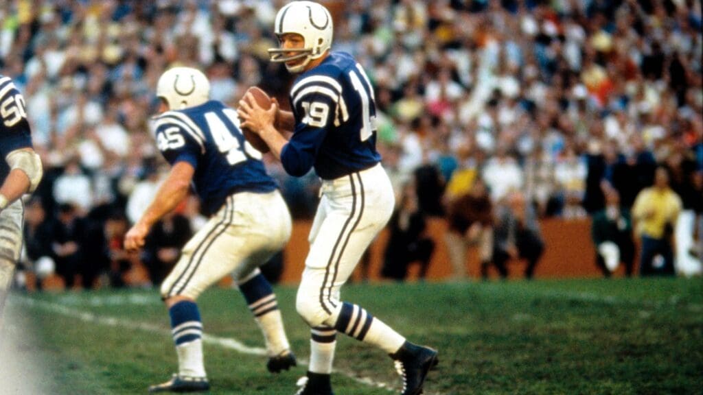 Jan 12, 1969; Miami, FL, USA; FILE PHOTO; Baltimore Colts quarterback (19) Johnny Unitas in action against the New York Jets in Super Bowl III at the Orange Bowl. The Jets defeated the Colts 16-7 to win the first ever Super Bowl title for the AFL.