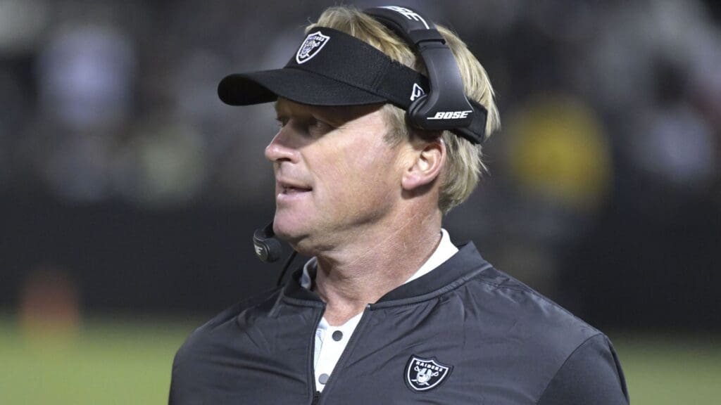 Aug 24, 2018; Oakland, CA, USA; Oakland Raiders head coach Jon Gruden reacts during a preseason game against the Green Bay Packers at Oakland-Alameda County Coliseum. The Raiders defeated the Packers 13-6.
