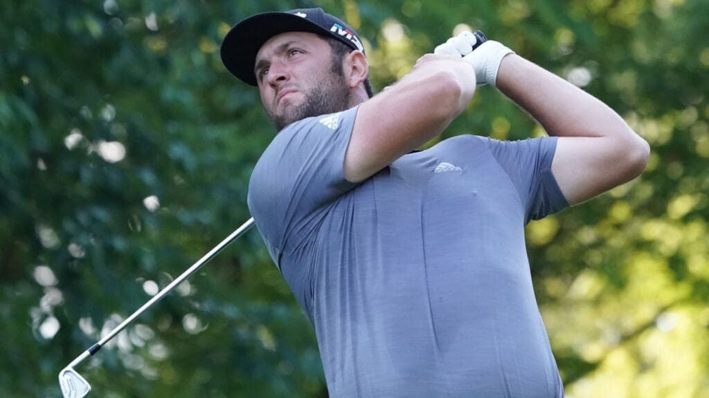 Aug 10, 2018; Saint Louis, MO, USA; Jon Rahm hits his tee shot on the 11th hole during the second round of the PGA Championship golf tournament at Bellerive Country Club.