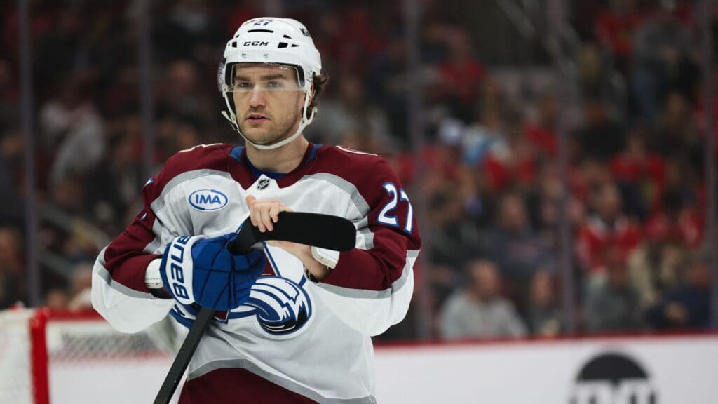 Apr 2, 2025; Chicago, Illinois, USA; Colorado Avalanche left wing Jonathan Drouin (27) warms up before a game against the Chicago Blackhawks at United Center.