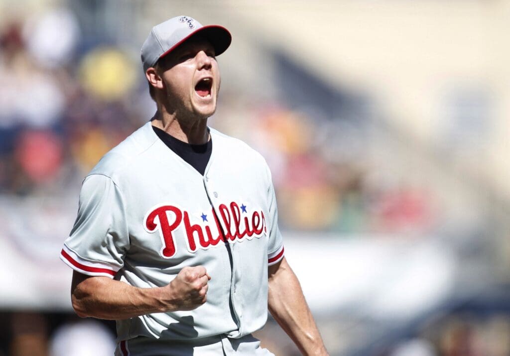 Jul 4, 2013; Pittsburgh, PA, USA; Philadelphia Phillies relief pitcher Jonathan Papelbon (58) reacts after the final out against the Pittsburgh Pirates during the ninth inning at PNC Park. The Philadelphia Phillies won 6-4.