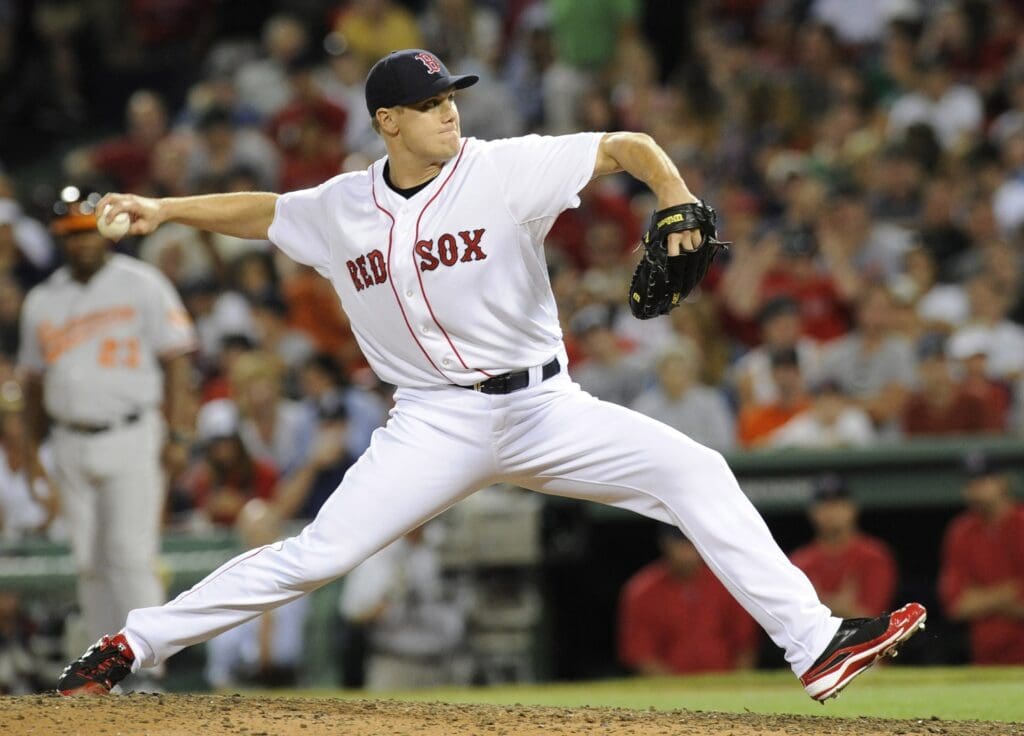 July 9, 2011; Boston, MA, USA; Boston Red Sox relief pitcher Jonathan Papelbon (58) throws a pitch during the ninth inning against the Baltimore Orioles at Fenway Park.