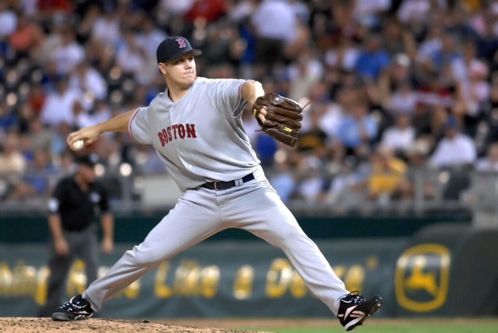 Aug 9, 2006; Kansas City, MO, USA: Boston Red Sox pitcher (58) Jonathan Papelbon who got the loss, delivers a pitch in the ninth inning against the Kansas City Royals at Kauffman Stadium in Kansas City, MO. The Royals won 5-4.