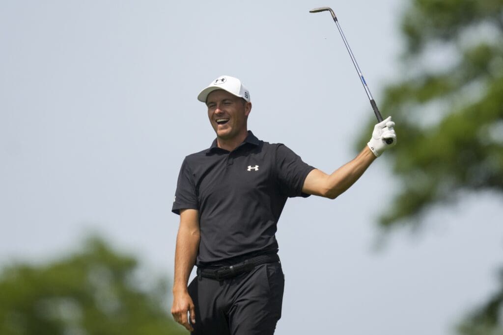 Jordan Spieth reacts to his shot from the fairway on the ninth hole during the final round of the Memorial Tournament presented by Workday golf tournament.
