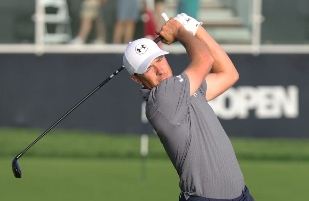 Jordan Spieth hits his tee shot on the tenth hole during a practice round for the U.S. Open golf tournament at Oakmont Country Club.