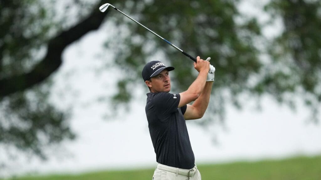 Apr 4, 2025; San Antonio, Texas, USA; Jordan Spieth watches his shot on the tenth hole during the second round of the Valero Texas Open golf tournament