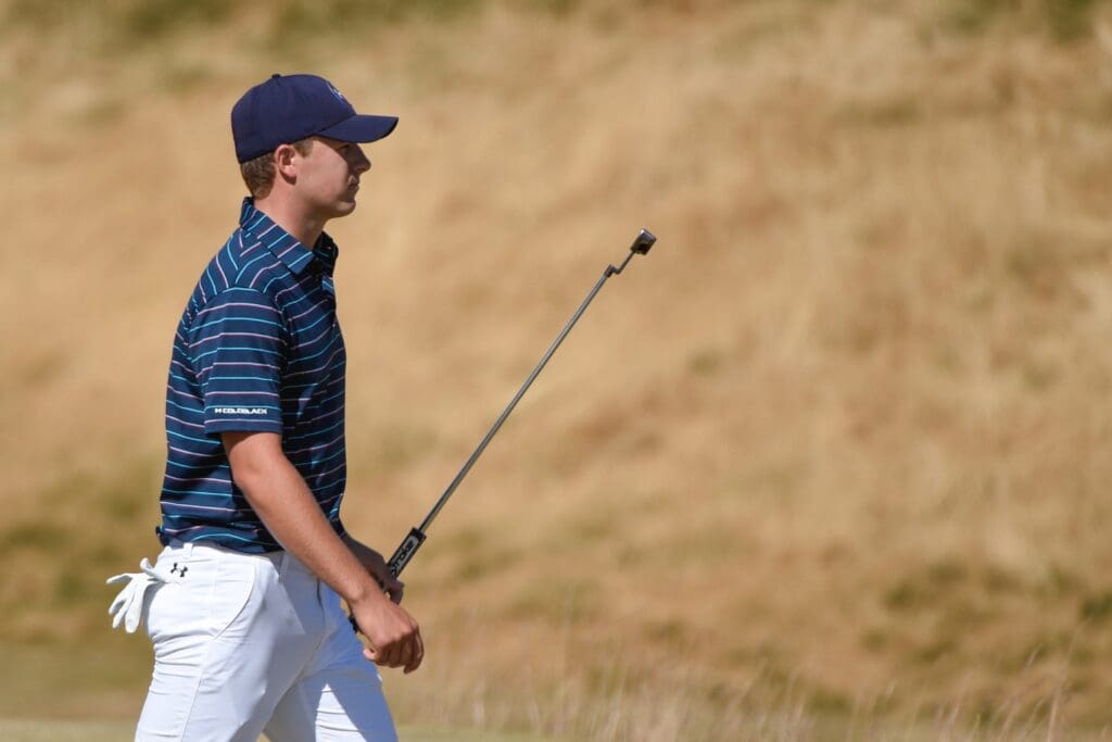 Jun 21, 2015; University Place, WA, USA; Jordan Spieth on the sixth green in the final round of the 2015 U.S. Open golf tournament at Chambers Bay.