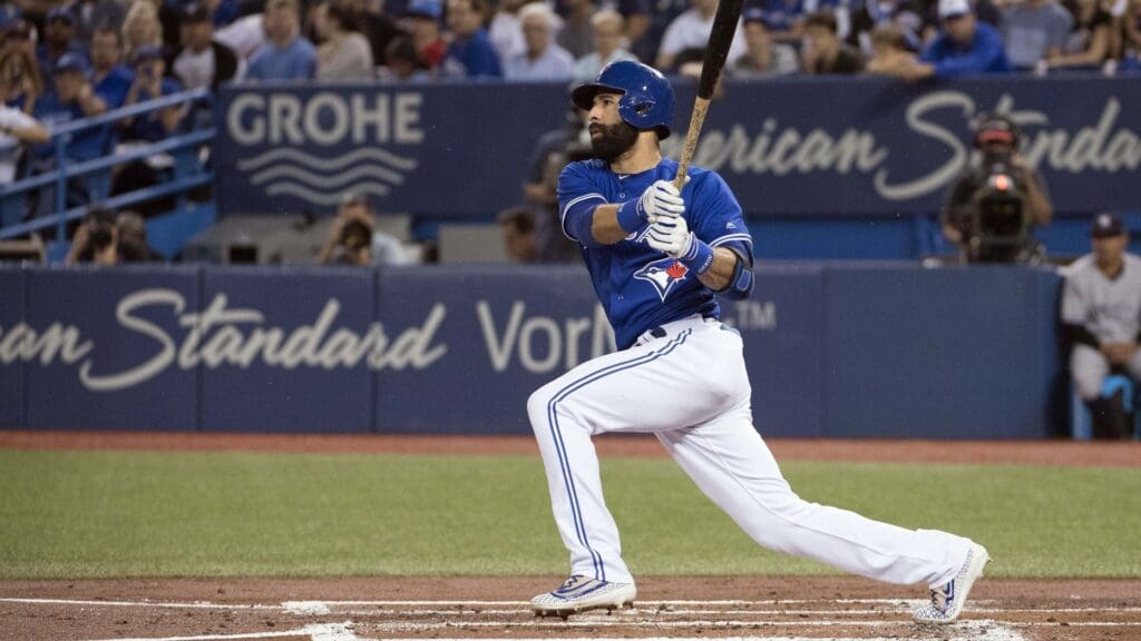 Sep 22, 2017; Toronto, Ontario, CAN; Toronto Blue Jays right fielder Jose Bautista (19) grounds out scoring a run in the first inning during a game against the New York Yankees at Rogers Centre.