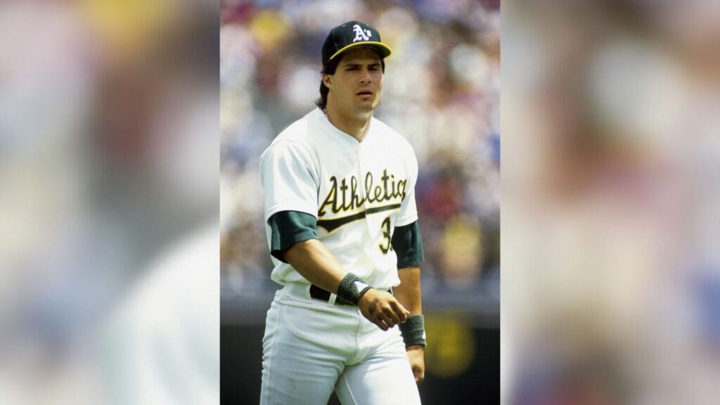 Jul 20, 1991; Oakland, CA, USA; FILE PHOTO; Oakland Athletics outfielder Jose Canseco during batting practice against the New York Yankees at the Oakland Coliseum.