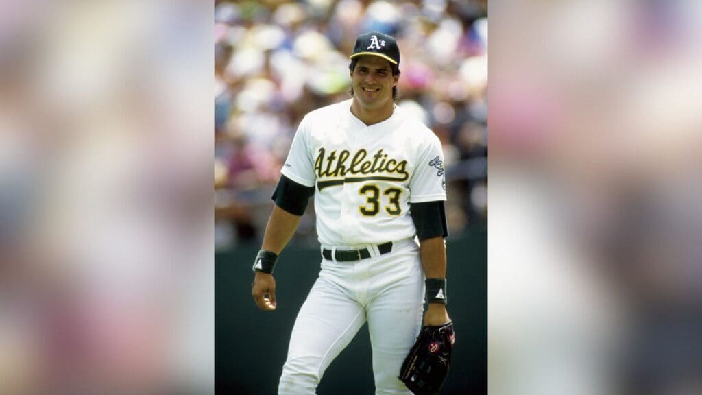 Jul 20, 1991; Oakland, CA, USA; FILE PHOTO; Oakland Athletics outfielder Jose Canseco during batting practice against the New York Yankees at the Oakland Coliseum.