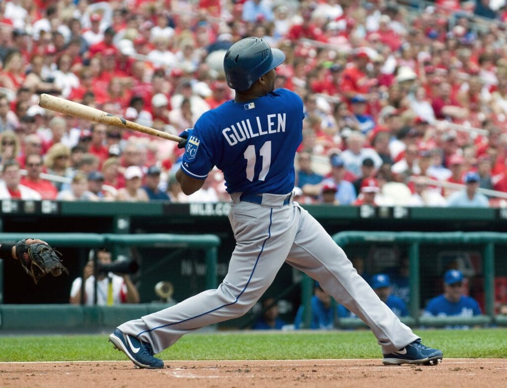 May 24, 2009; St, Louis, MO, USA; Kansas City Royals right fielder Jose Guillen (11) follows through on a RBI double in the first inning off of St. Louis Cardinals starting pitcher Joel Pineiro (35) (not-pictured) at Busch Stadium.
