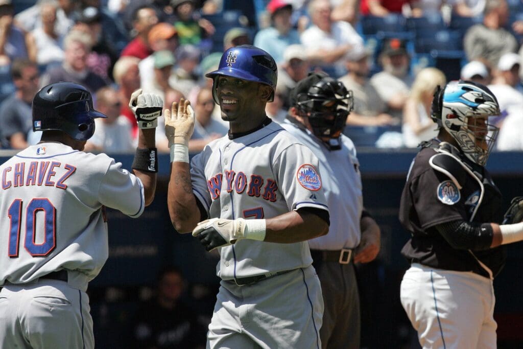 June 25, 2006; Toronto, ON, USA; New York Mets shortstop (7) Jose Reyes is congratulated by left fielder (10) Endy Chavez after hitting a lead-off home run in the 1st inning against the Toronto Blue Jays at the Rogers Centre.
