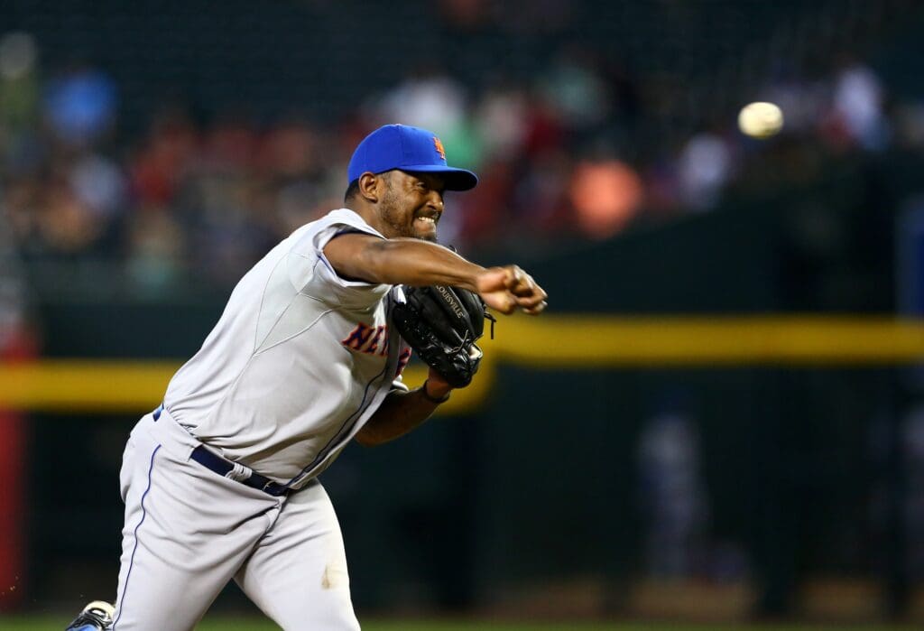 Apr 16, 2014; Phoenix, AZ, USA; New York Mets pitcher Jose Valverde against the Arizona Diamondbacks at Chase Field.